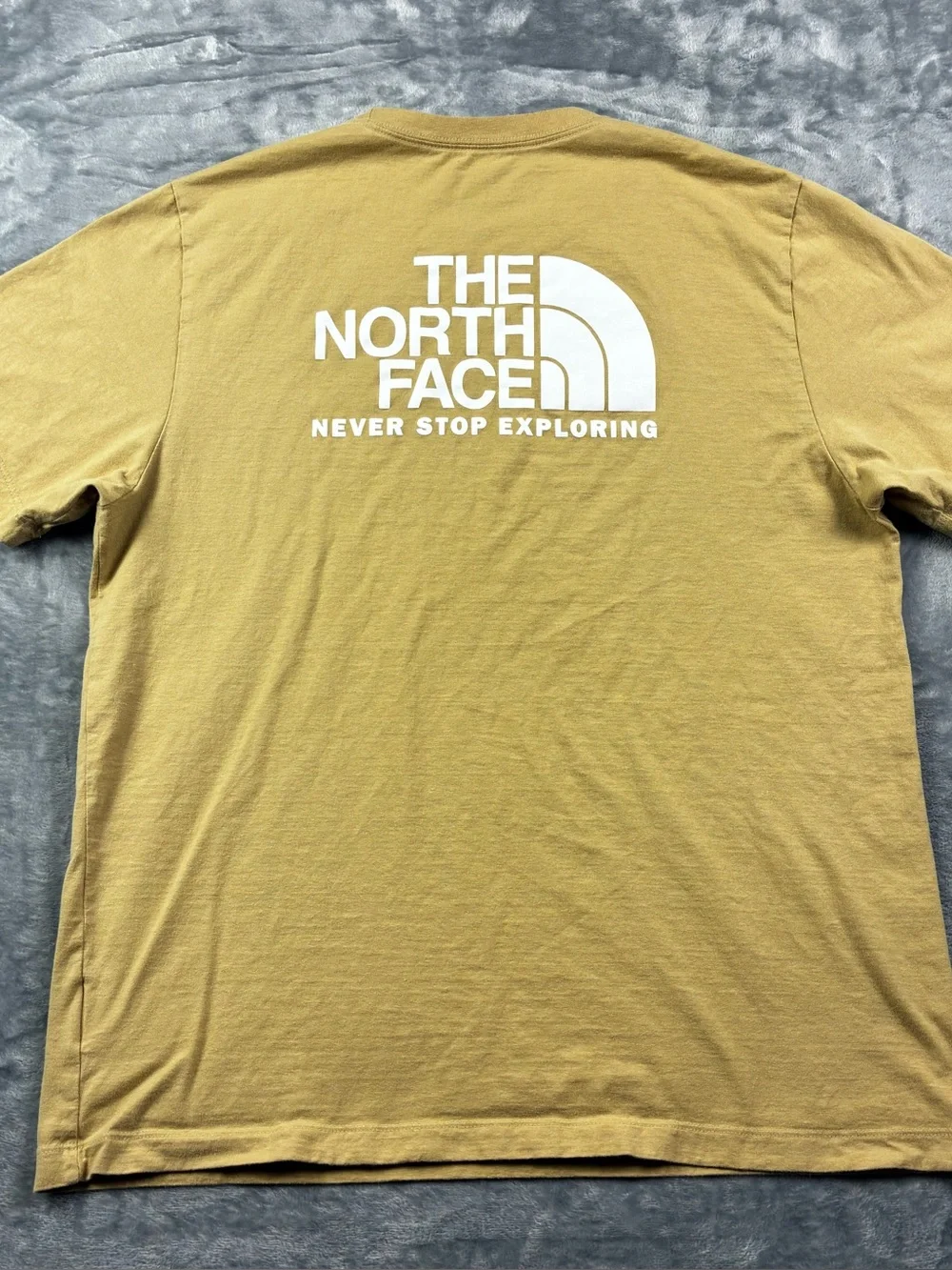 North Face Never Stop Exploring T-Shirt Size Large Tan Double Sided 100% Cotton